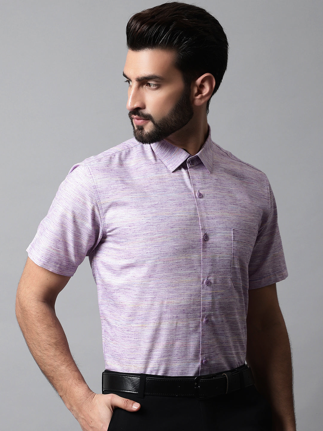 Men's Purple Woven Design Short Sleeves Formal Shirt - Taantav