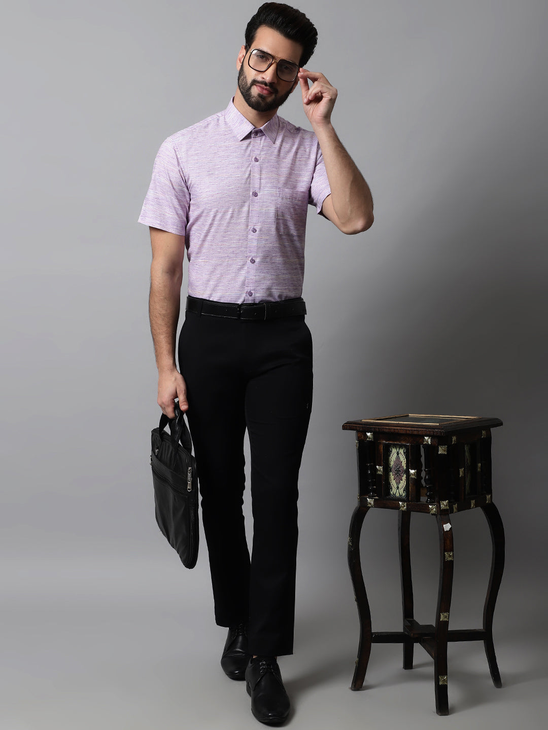 Men's Purple Woven Design Short Sleeves Formal Shirt - Taantav