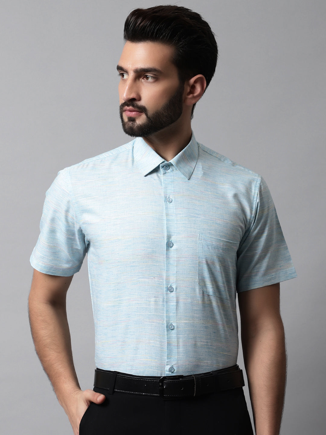 Men's Sky Blue Woven Design Short Sleeves Formal Shirt - Taantav