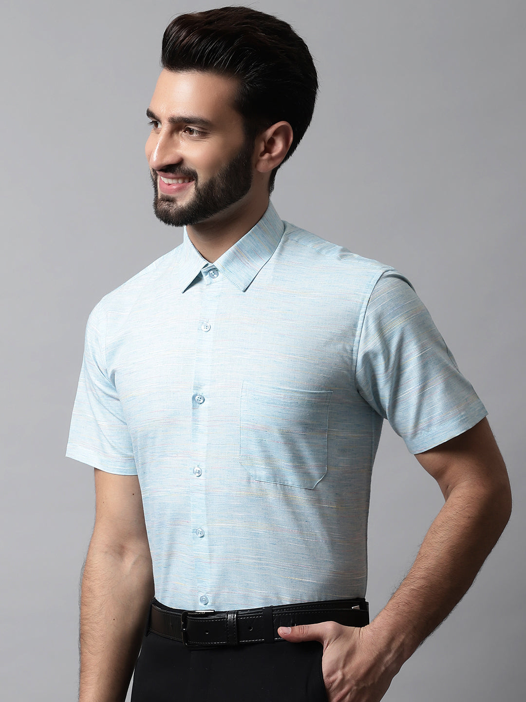 Men's Sky Blue Woven Design Short Sleeves Formal Shirt - Taantav