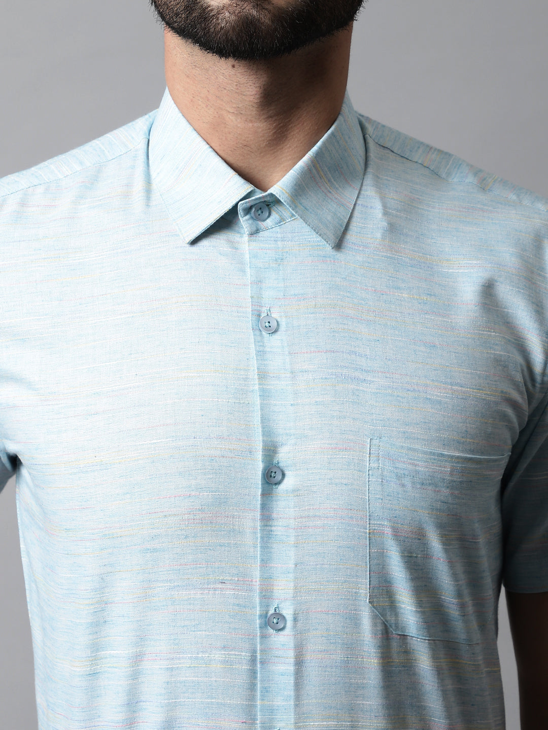 Men's Sky Blue Woven Design Short Sleeves Formal Shirt - Taantav