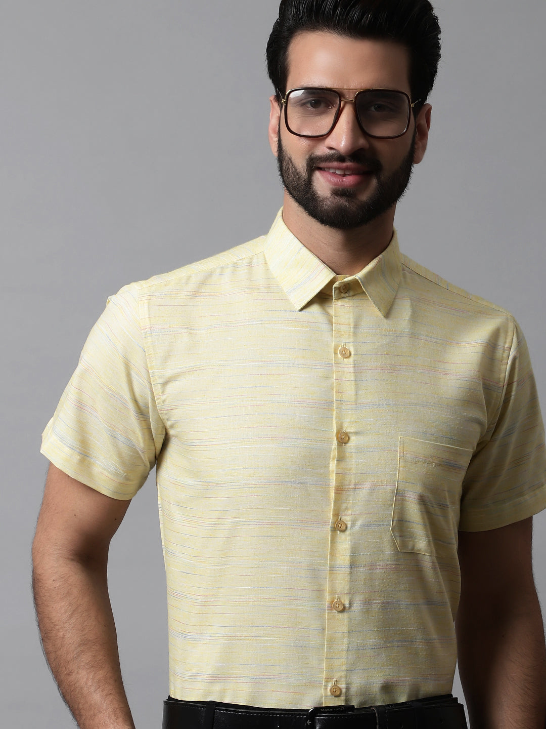 Men's Yellow Woven Design Short Sleeves Formal Shirt - Taantav