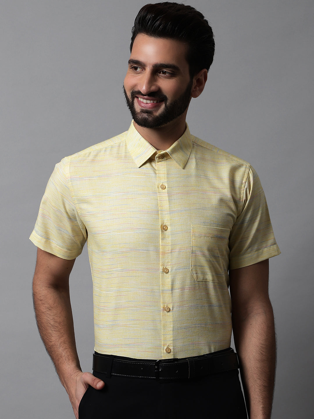 Men's Yellow Woven Design Short Sleeves Formal Shirt - Taantav