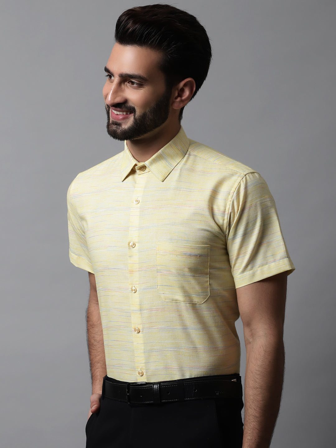 Men's Yellow Woven Design Short Sleeves Formal Shirt - Taantav