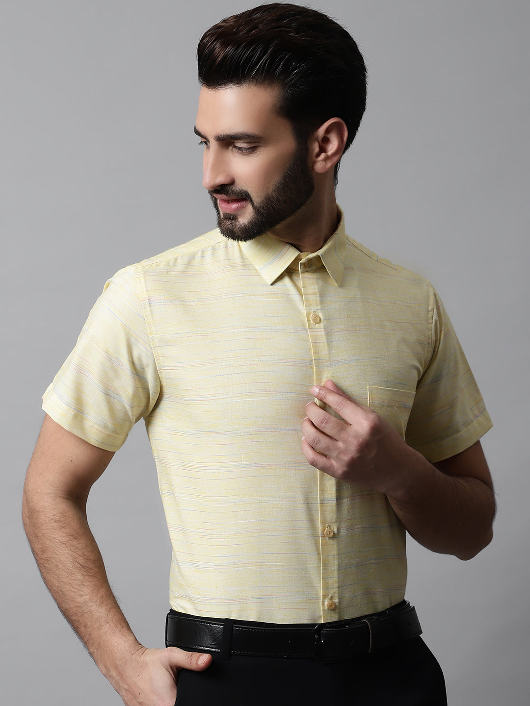 Men's Yellow Woven Design Short Sleeves Formal Shirt - Taantav