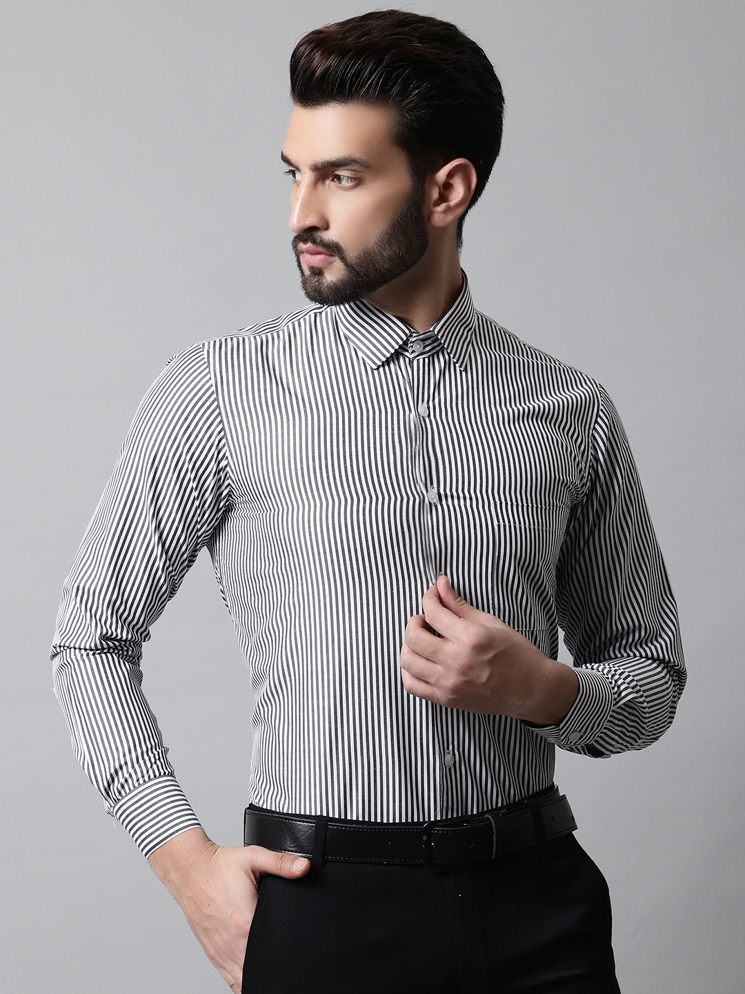 Men's Black & White Regular Fit Striped Formal Shirt - Taantav