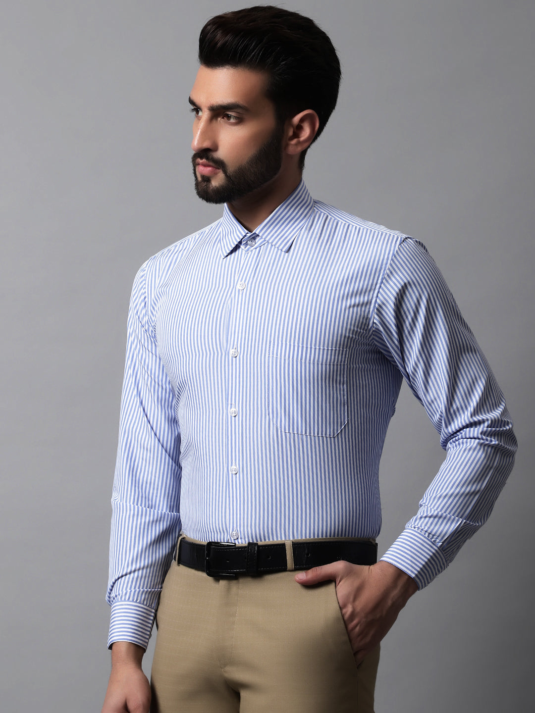 Men's Blue & White Regular Fit Striped Formal Shirt - Taantav