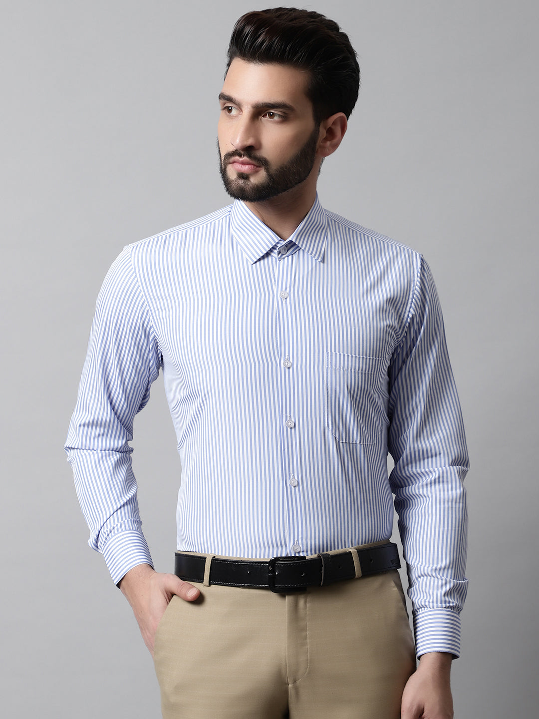 Men's Blue & White Regular Fit Striped Formal Shirt - Taantav