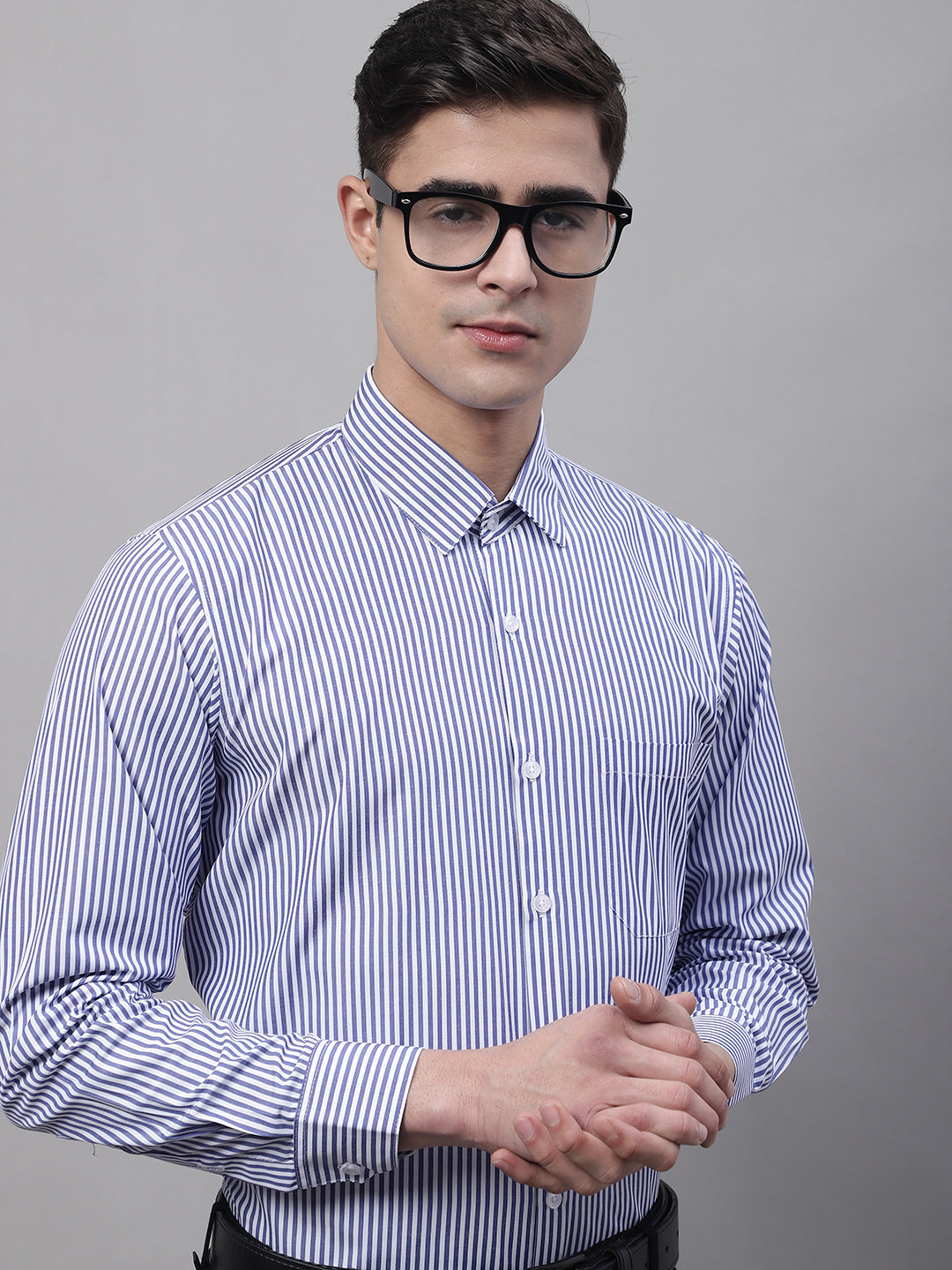 Men's Navy Blue & White Regular Fit Striped Formal Shirt - Taantav