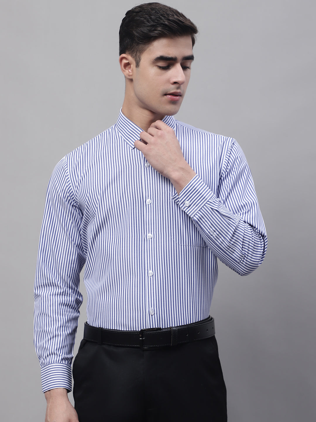 Men's Navy Blue & White Regular Fit Striped Formal Shirt - Taantav