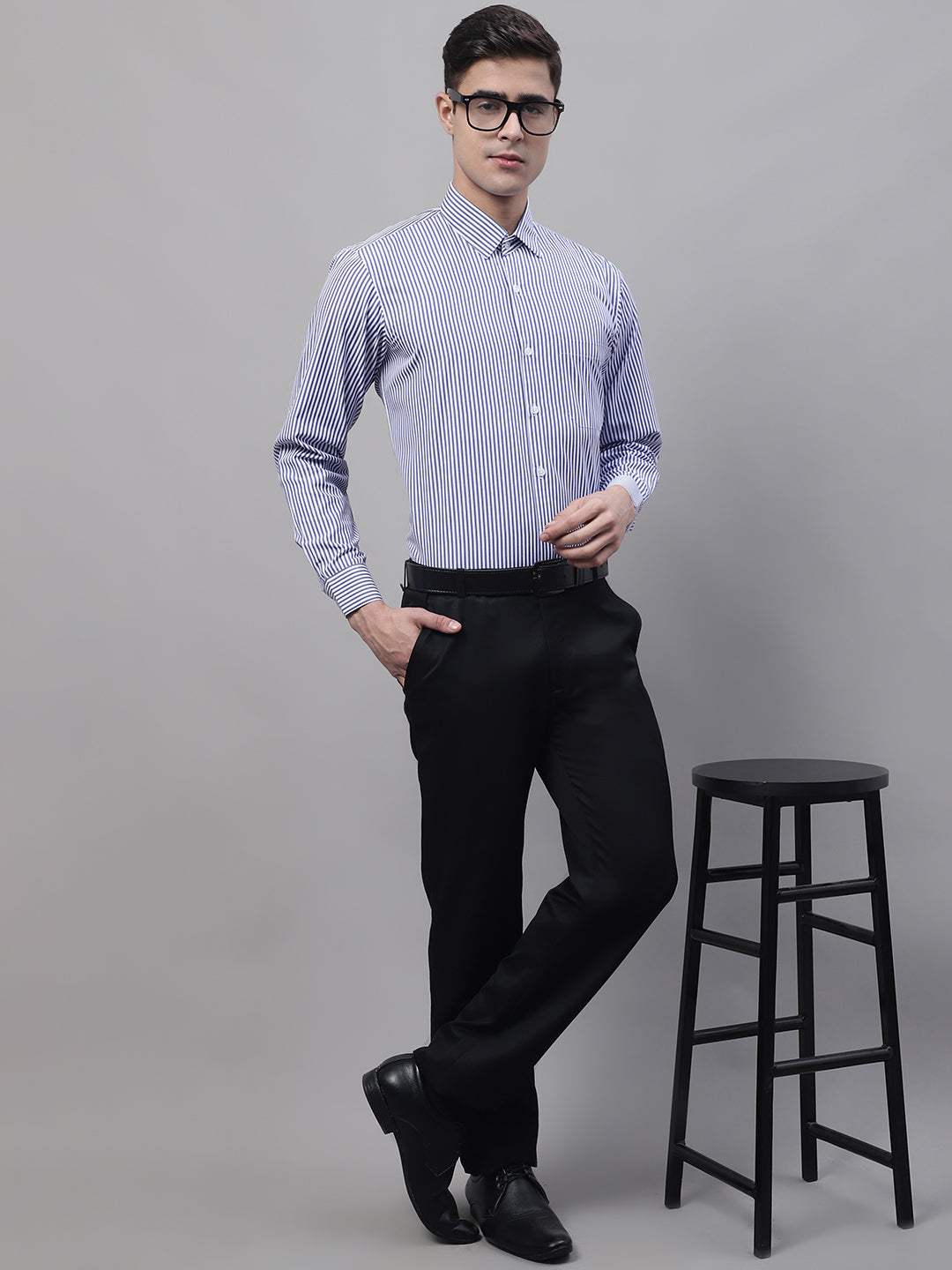 Men's Navy Blue & White Regular Fit Striped Formal Shirt - Taantav