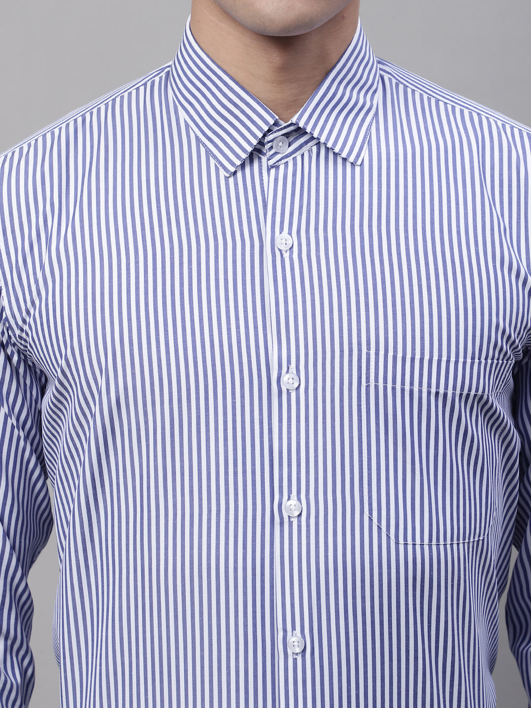 Men's Navy Blue & White Regular Fit Striped Formal Shirt - Taantav