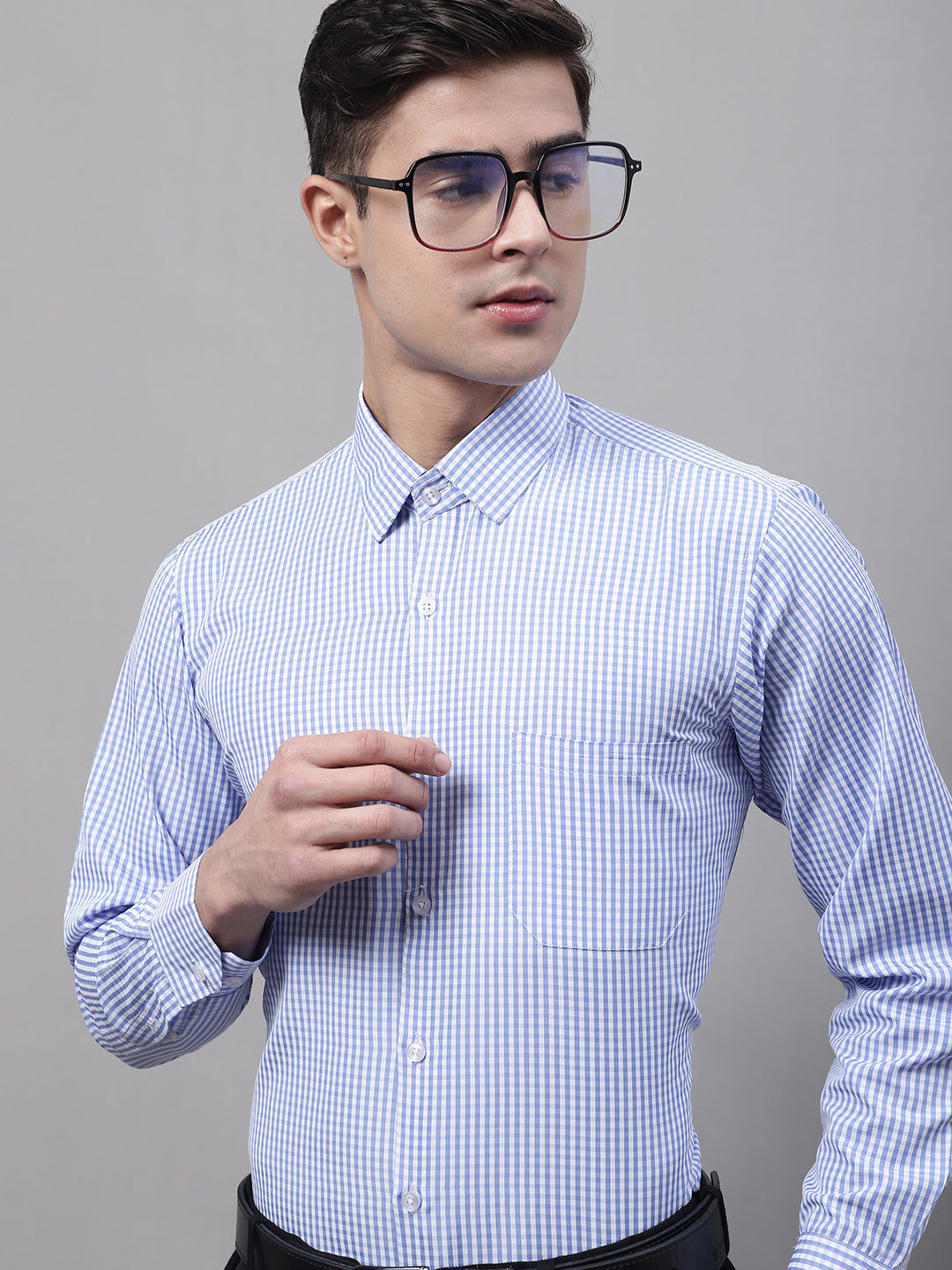 Men's Blue Micro Checked Formal Shirt - Taantav