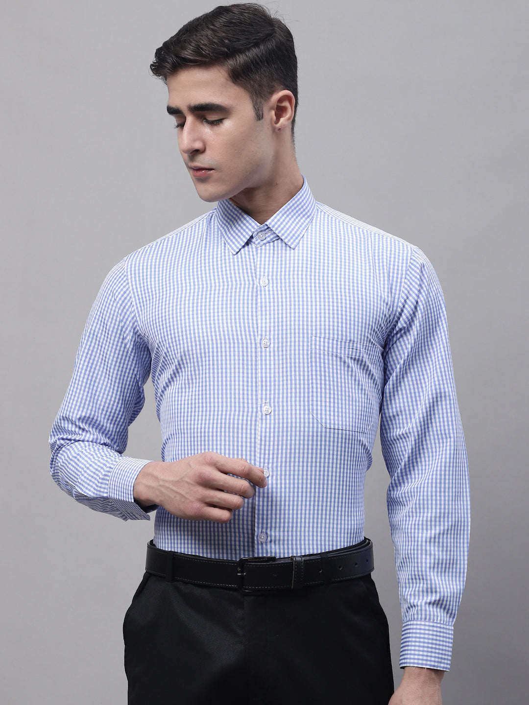 Men's Blue Micro Checked Formal Shirt - Taantav