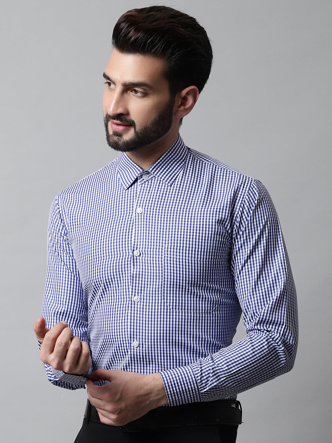 Men's Navy Blue Micro Checked Causal Shirt - Taantav