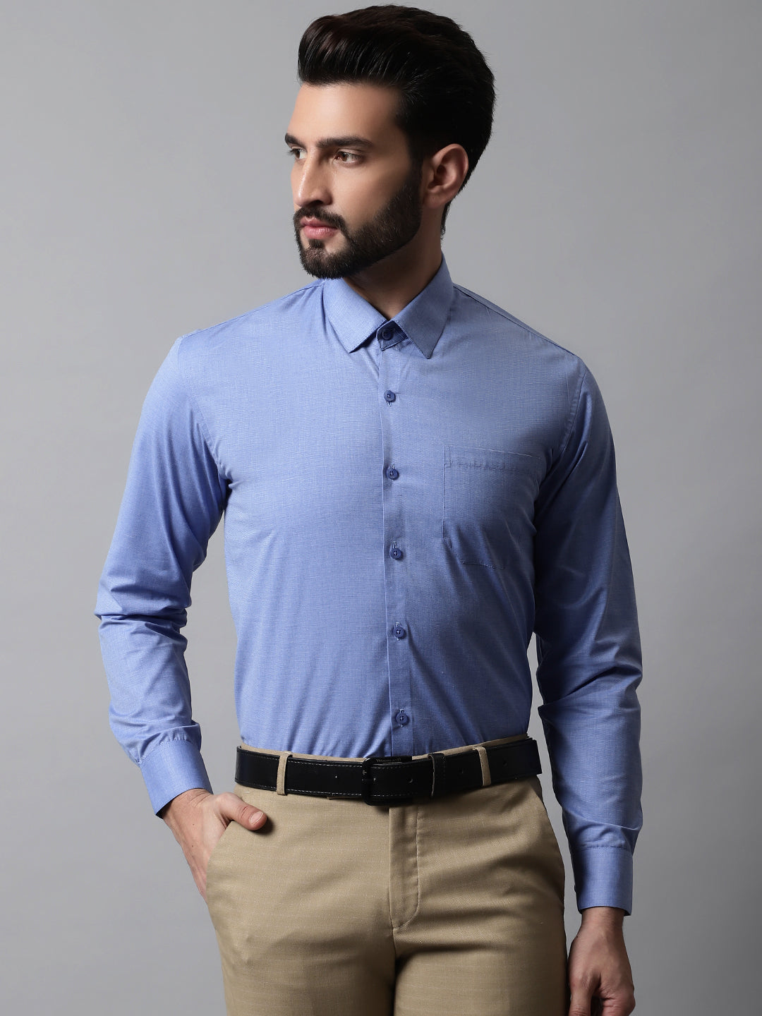 Men's Blue Classic Slim Fit Solid Formal Shirt - Taantav