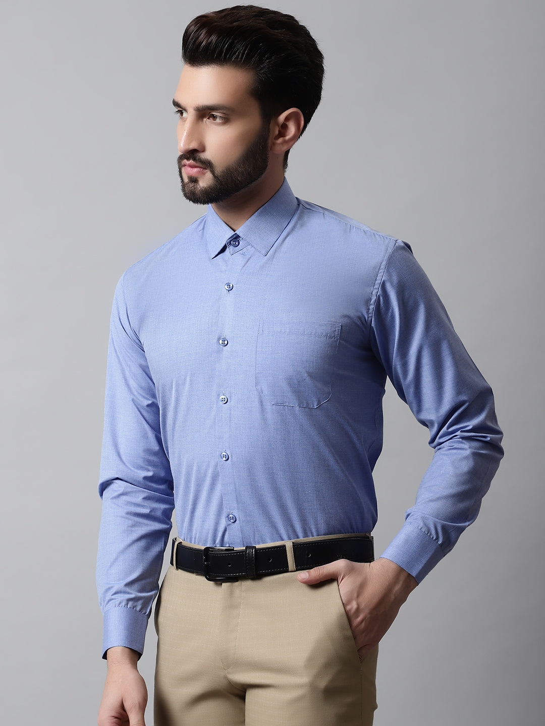 Men's Blue Classic Slim Fit Solid Formal Shirt - Taantav