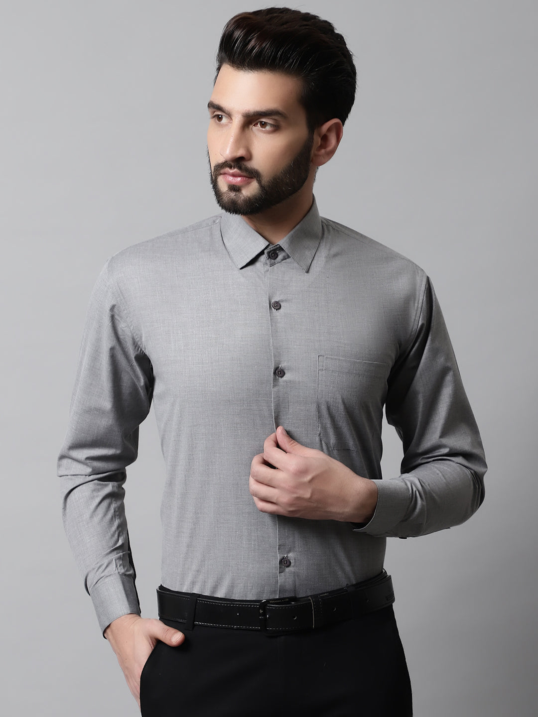 Men's Grey Classic Slim Fit Solid Formal Shirt - Taantav