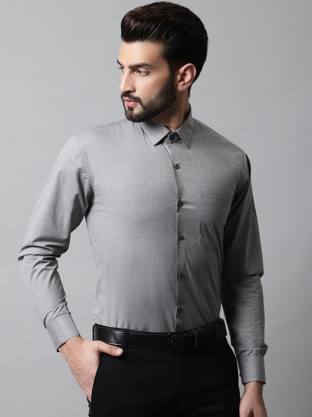 Men's Grey Classic Slim Fit Solid Formal Shirt - Taantav