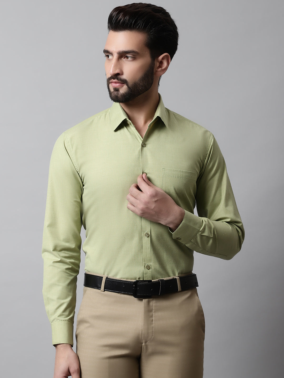 Men's Pista Green Classic Slim Fit Solid Formal Shirt - Taantav