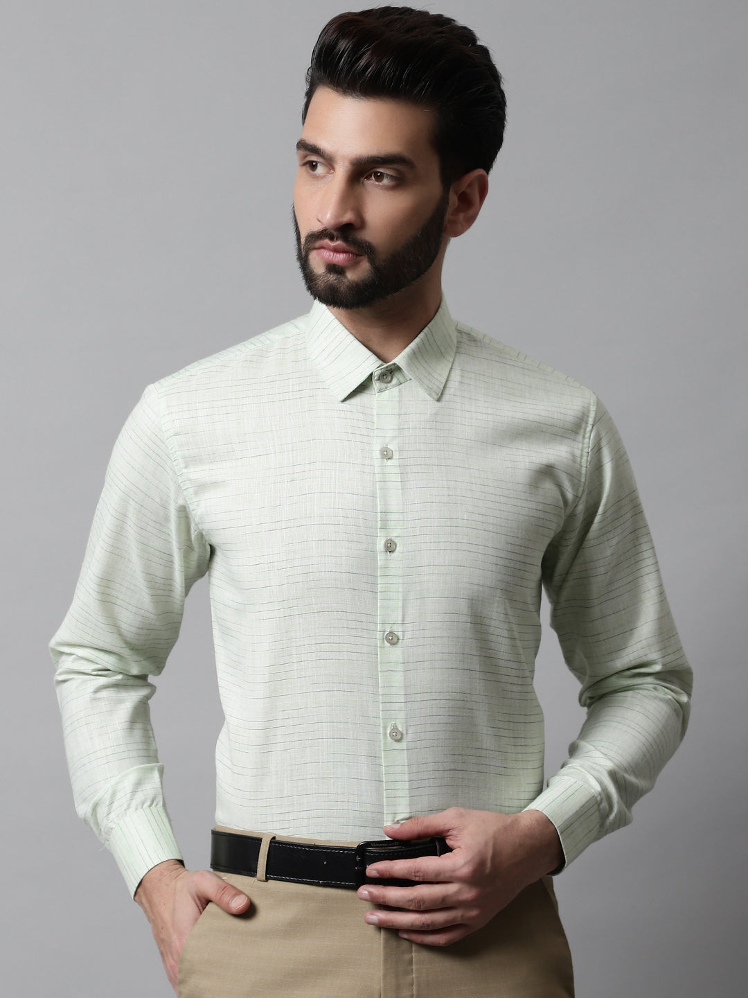 Men's Light-Green Cotton Classic Formal Shirt - Taantav