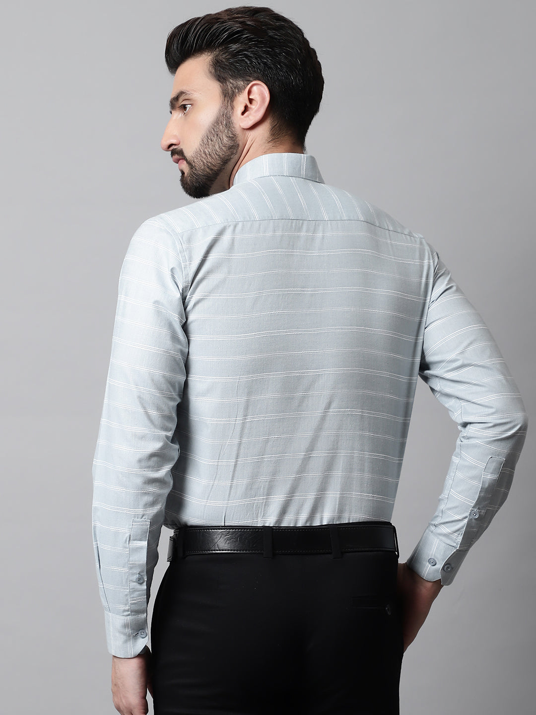 Men's Grey Classic Striped Formal Cotton Shirt - Taantav