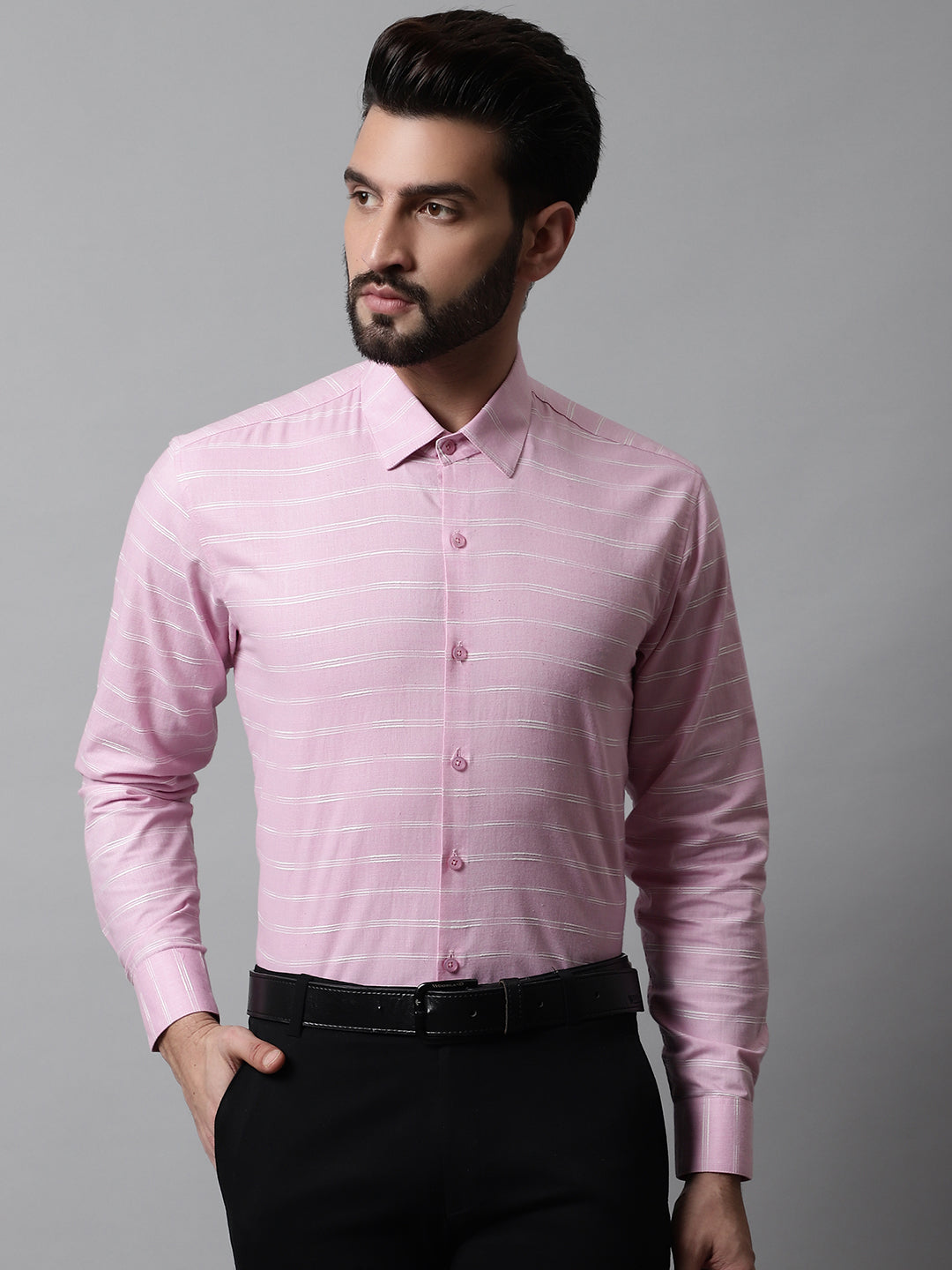 Men's Pink Classic Striped Formal Cotton Shirt - Taantav