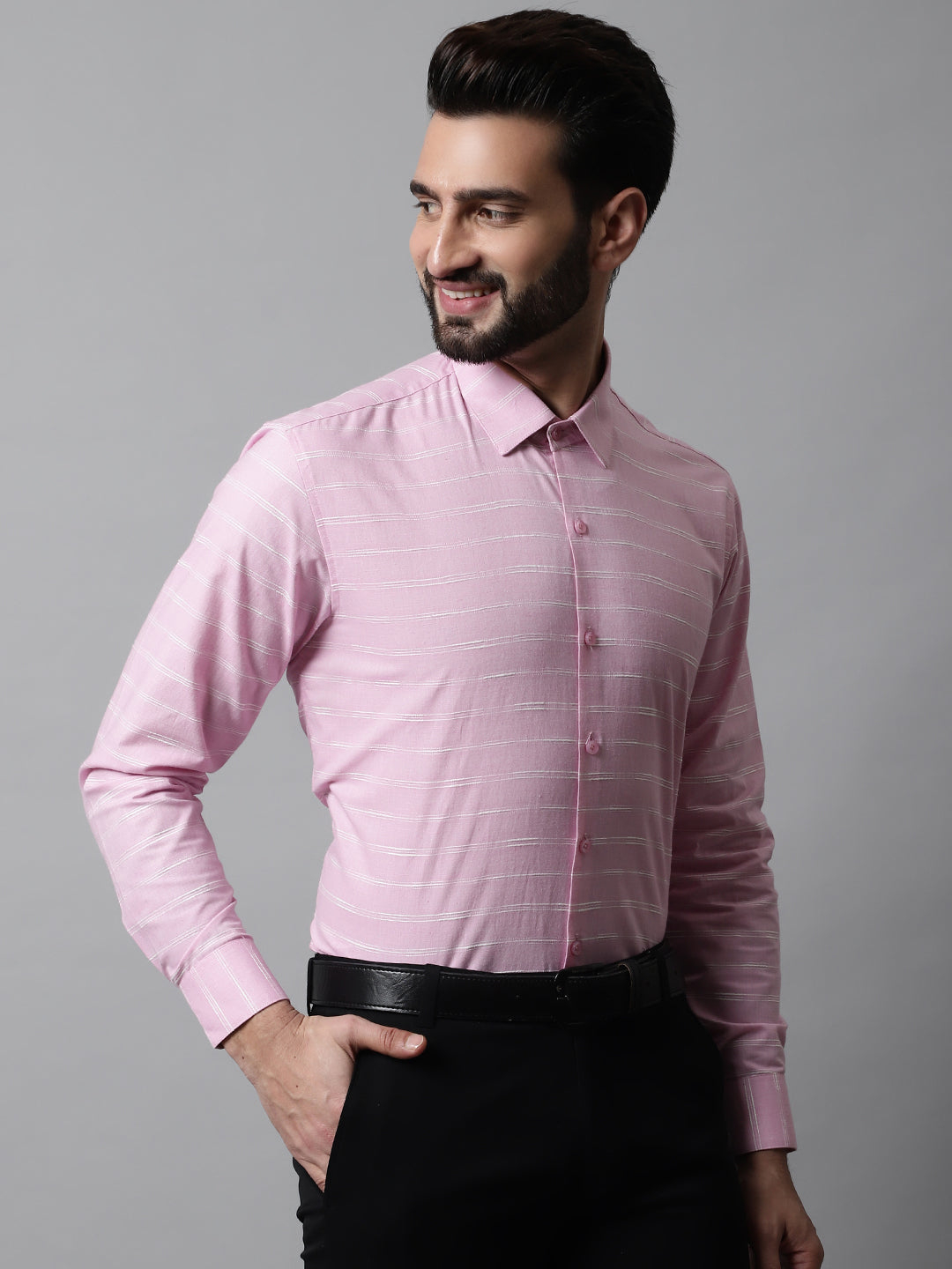 Men's Pink Classic Striped Formal Cotton Shirt - Taantav