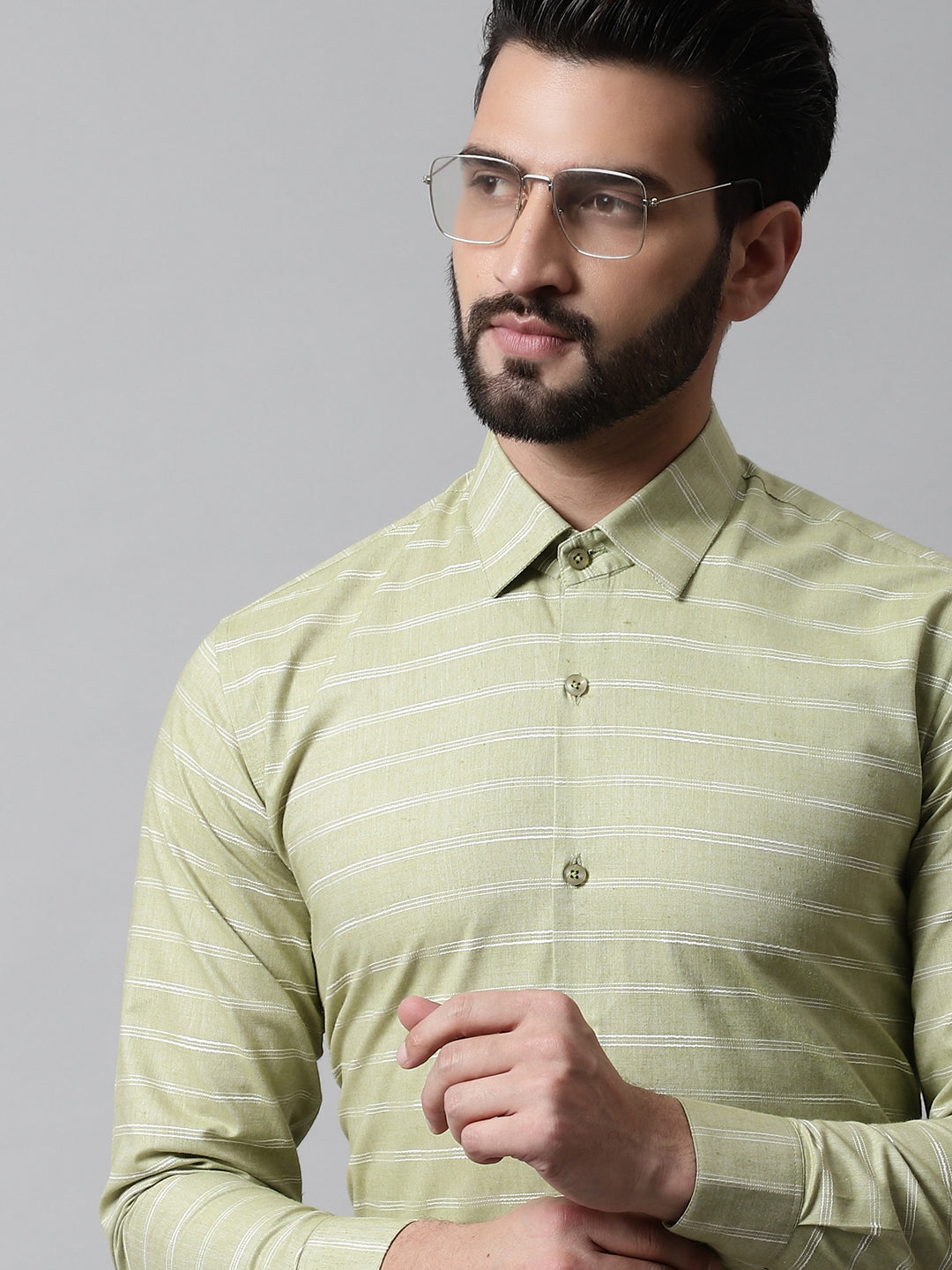 Men's Pista Green Classic Striped Formal Cotton Shirt - Taantav