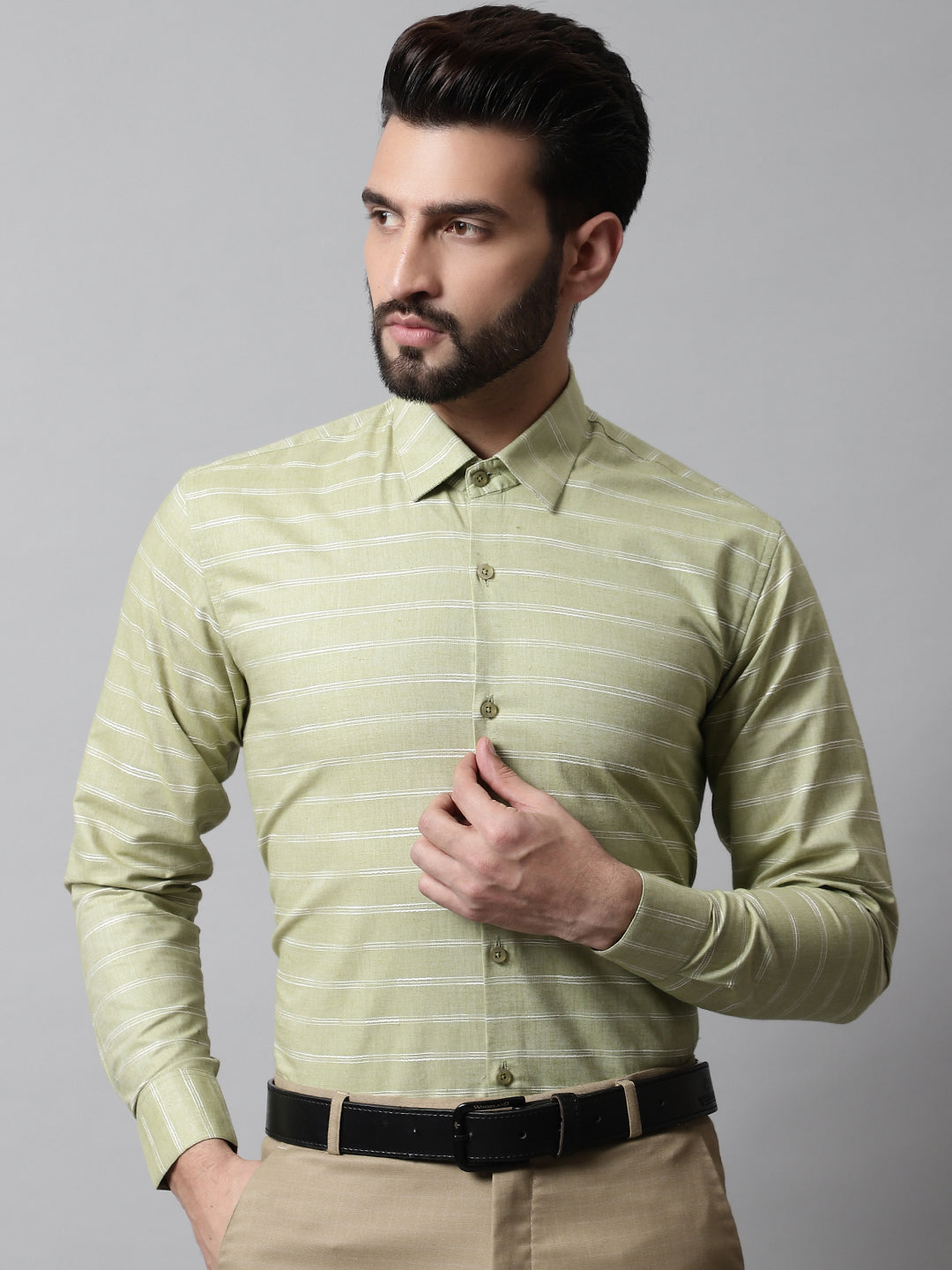 Men's Pista Green Classic Striped Formal Cotton Shirt - Taantav