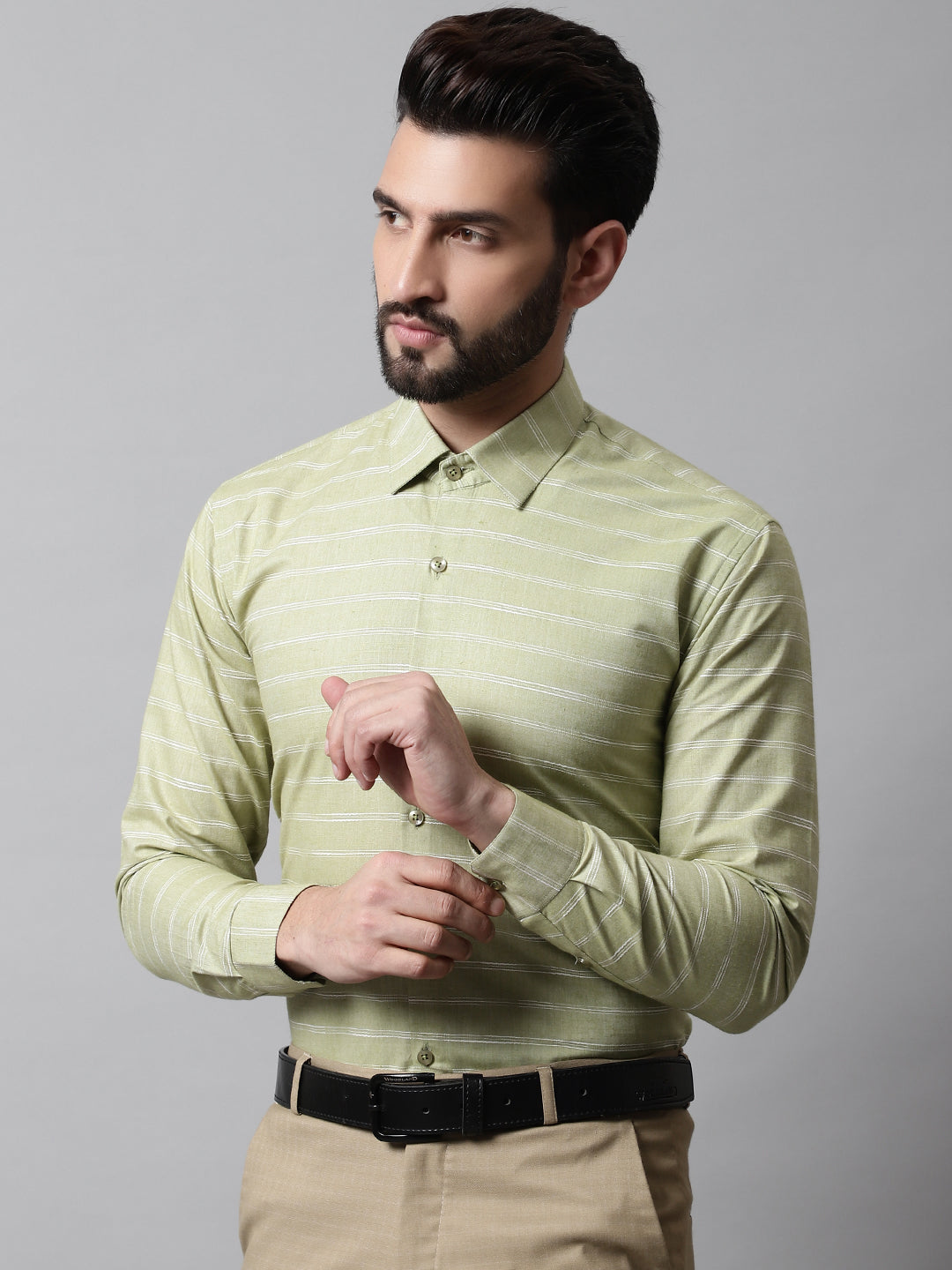 Men's Pista Green Classic Striped Formal Cotton Shirt - Taantav