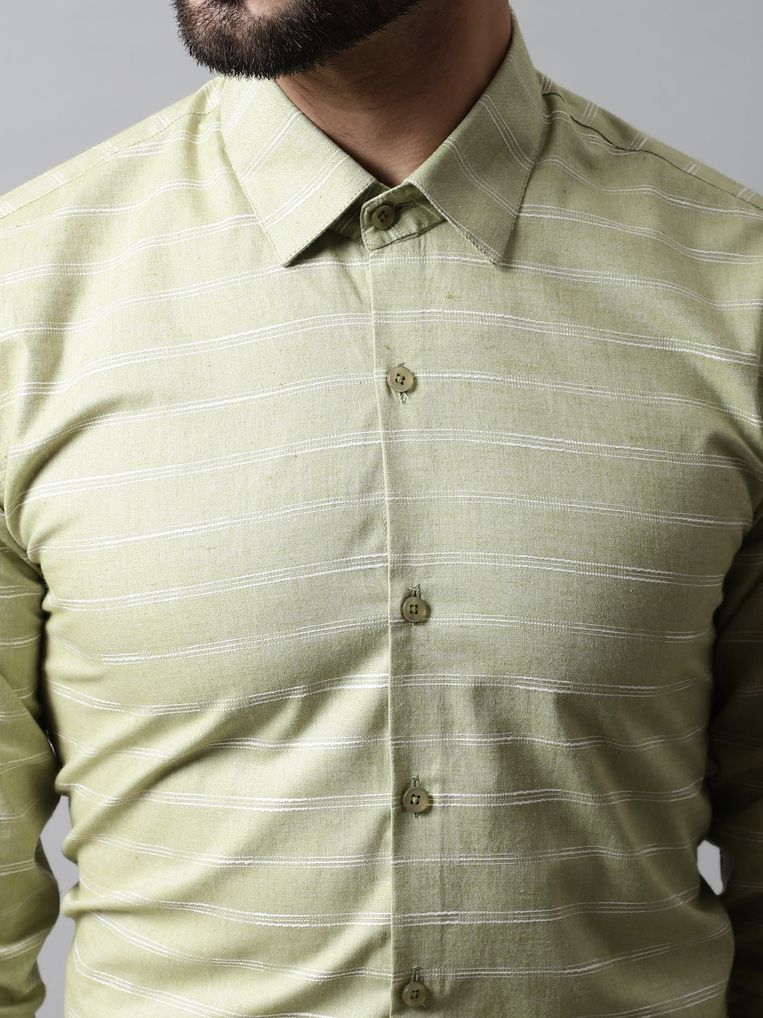 Men's Pista Green Classic Striped Formal Cotton Shirt - Taantav