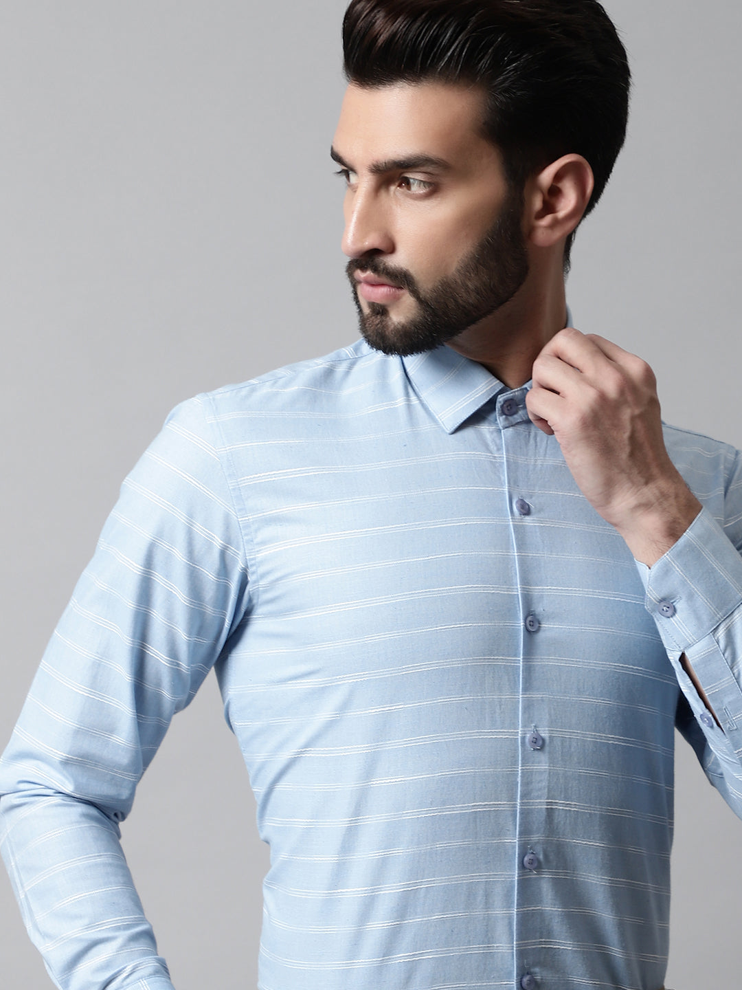 Men's Sky Blue Classic Striped Formal Cotton Shirt - Taantav