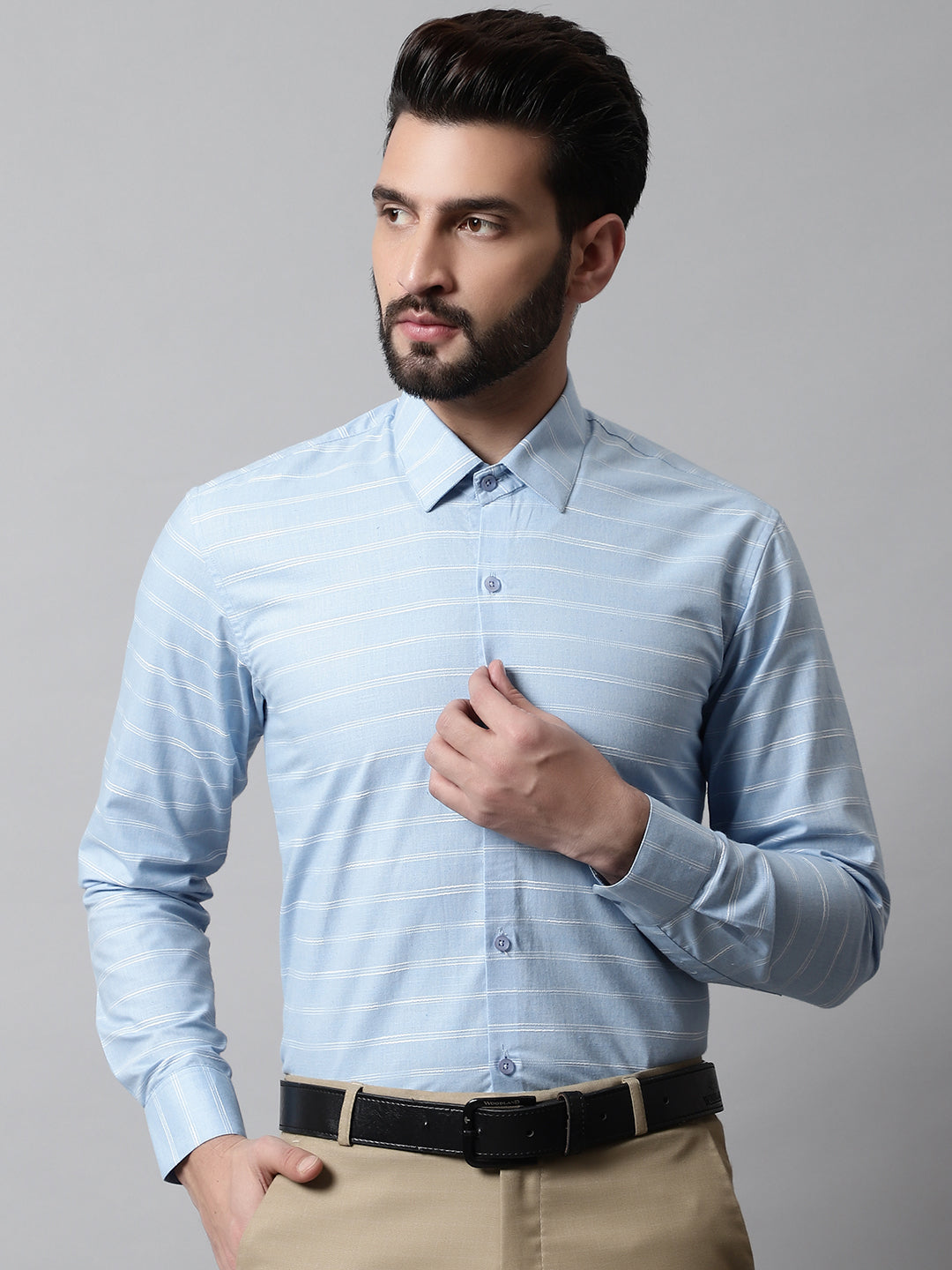 Men's Sky Blue Classic Striped Formal Cotton Shirt - Taantav