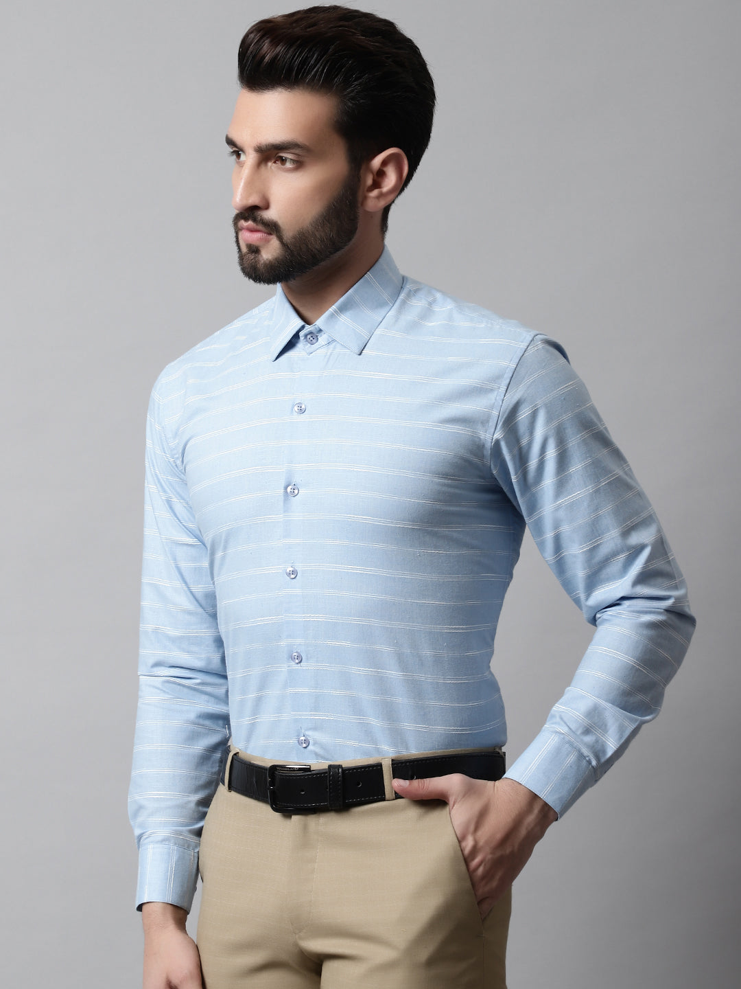 Men's Sky Blue Classic Striped Formal Cotton Shirt - Taantav