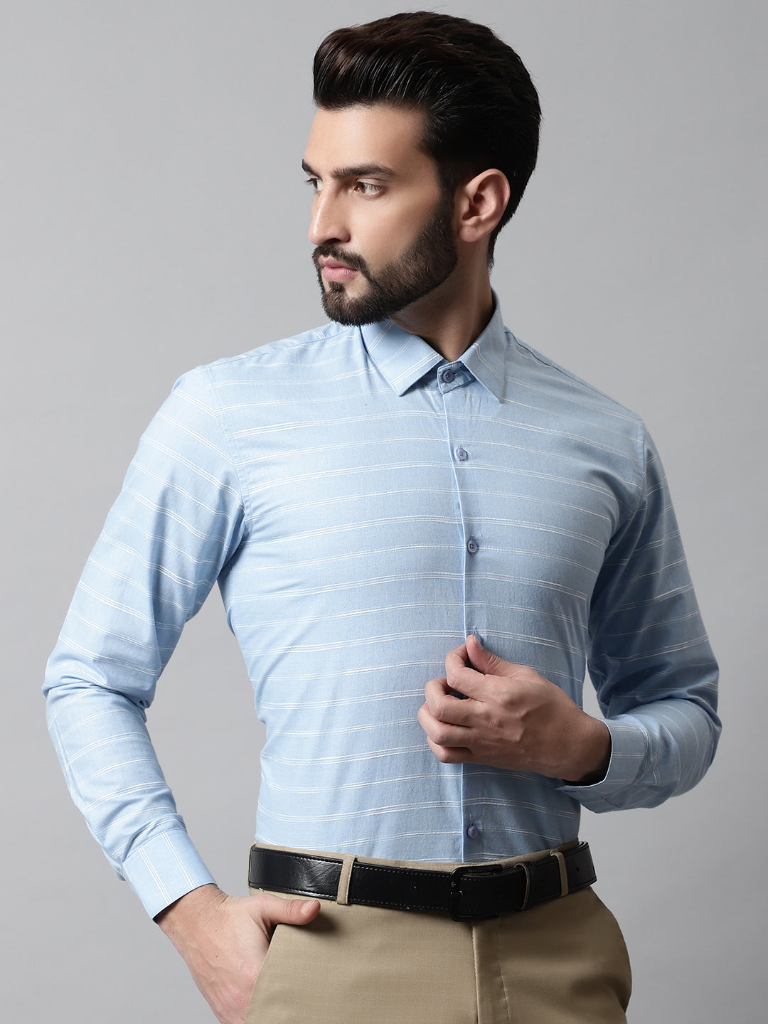 Men's Sky Blue Classic Striped Formal Cotton Shirt - Taantav