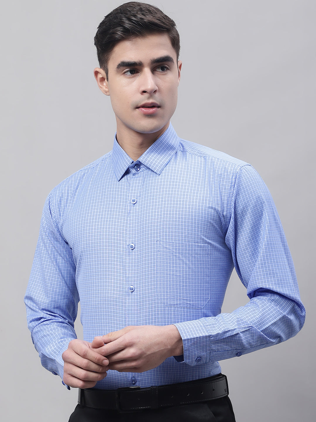 Men's Blue Micro Checked Formal Shirt - Taantav