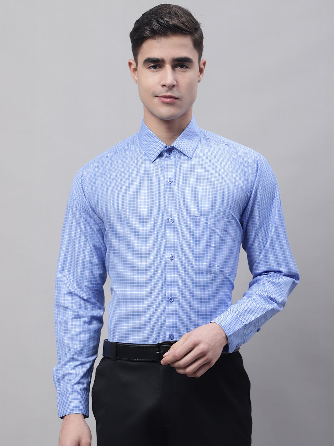 Men's Blue Micro Checked Formal Shirt - Taantav