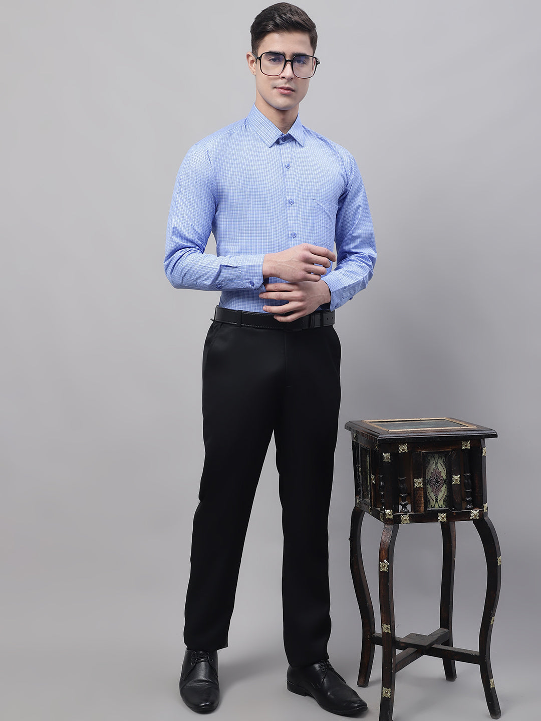 Men's Blue Micro Checked Formal Shirt - Taantav