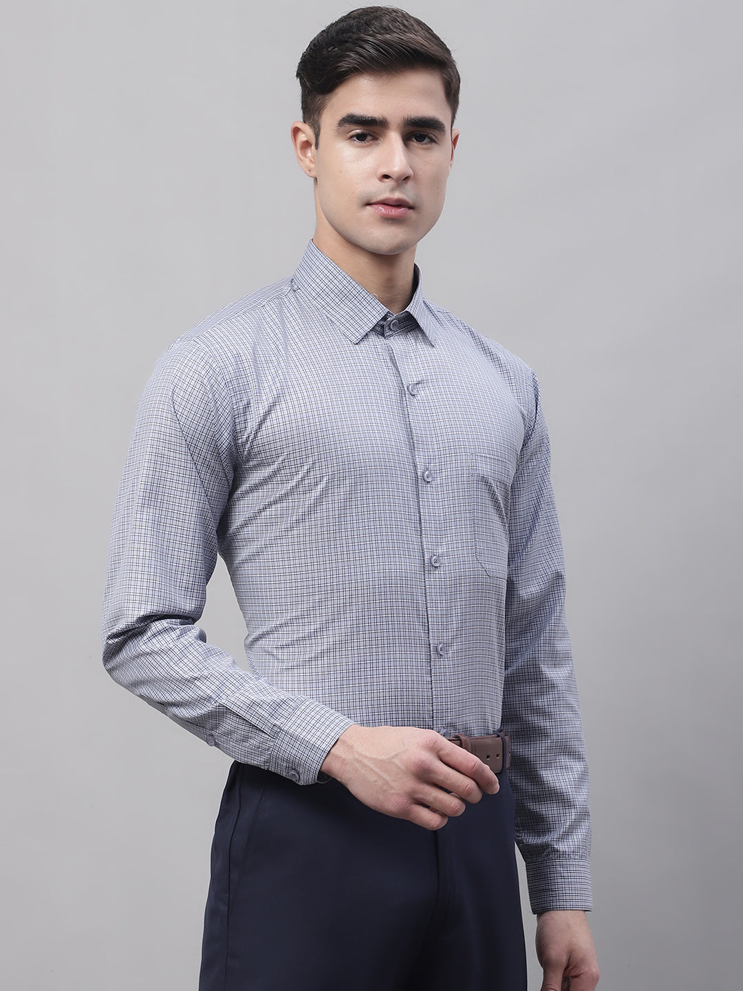 Men's Grey Micro Checked Formal Shirt - Taantav