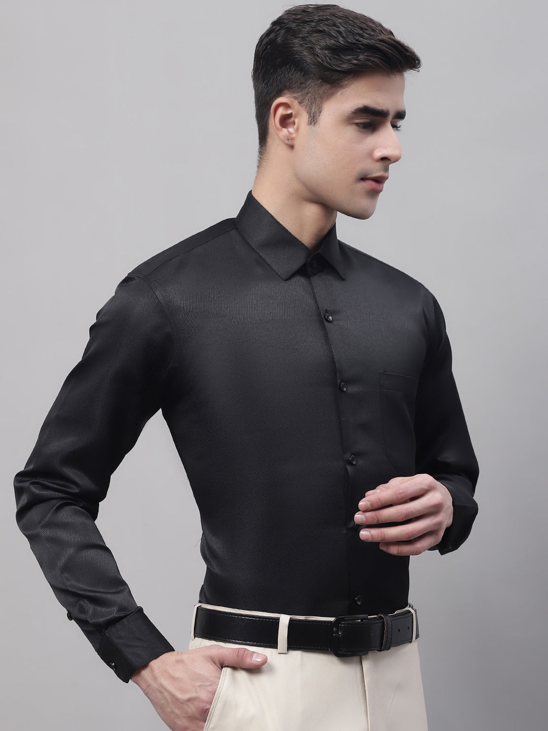 Men's Black Dobby Textured Formal Shirt - Taantav