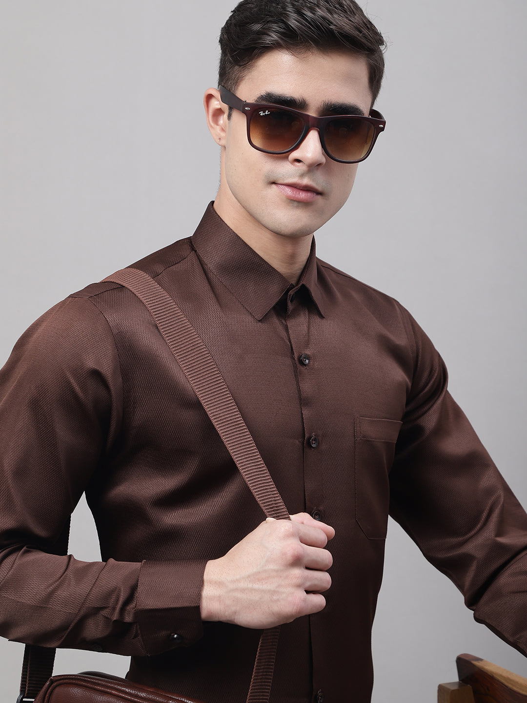 Men's Coffee Dobby Textured Formal Shirt - Taantav