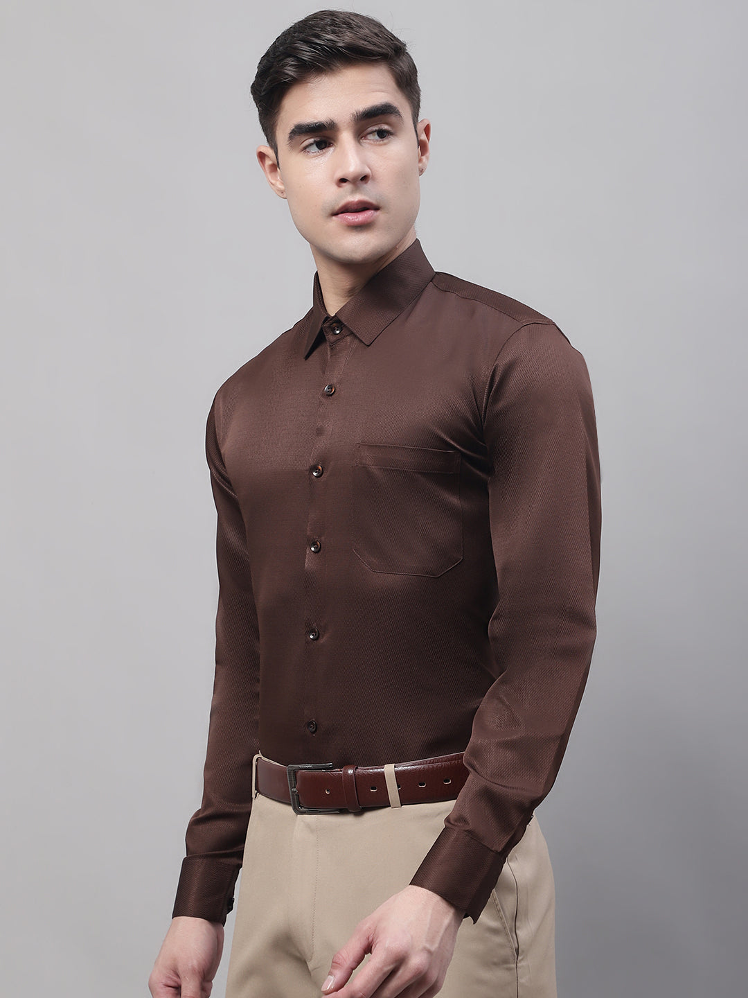 Men's Coffee Dobby Textured Formal Shirt - Taantav