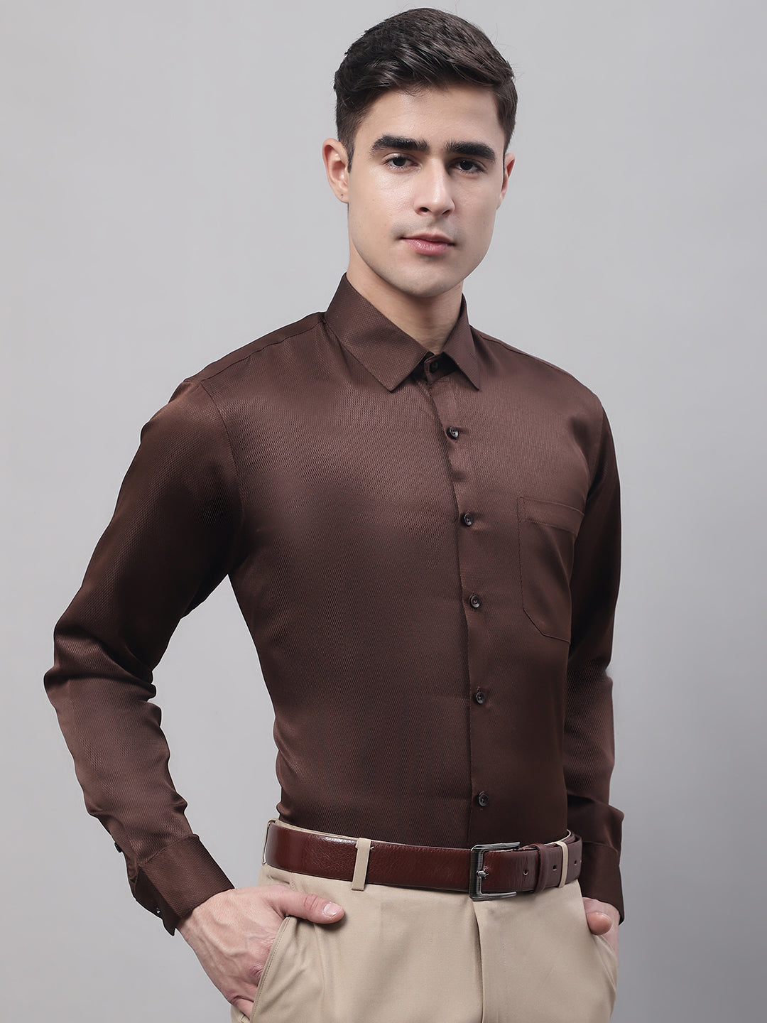 Men's Coffee Dobby Textured Formal Shirt - Taantav