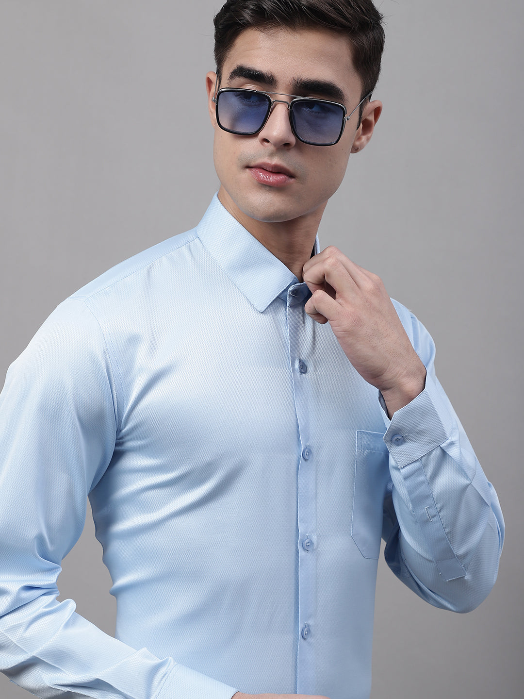 Men's Light-Blue Dobby Textured Formal Shirt - Taantav