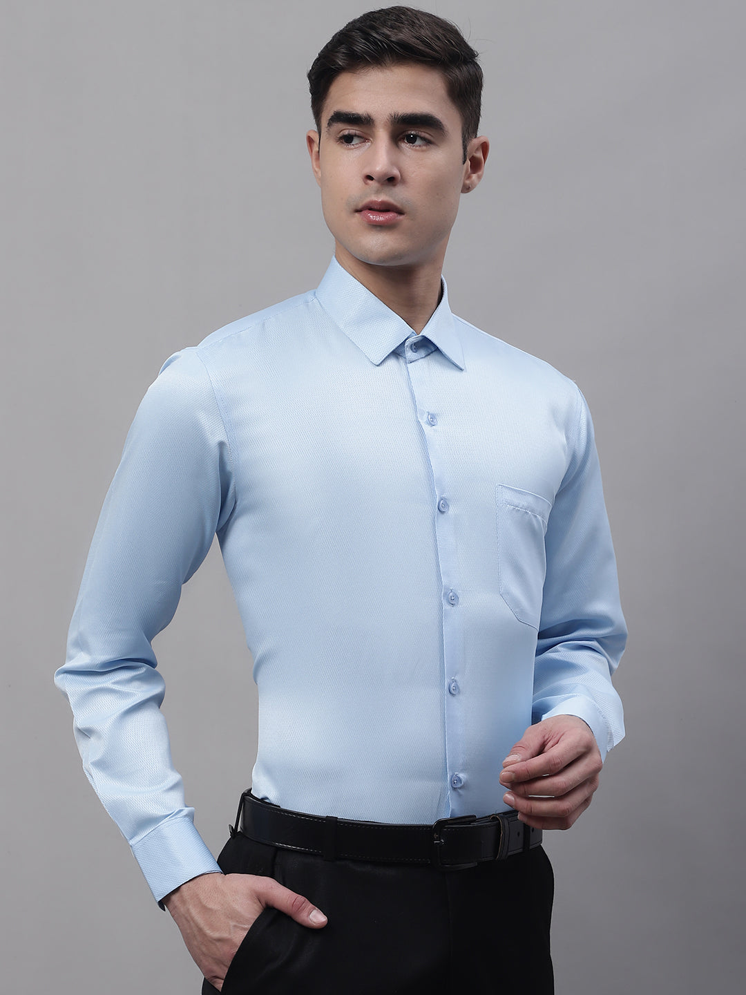 Men's Light-Blue Dobby Textured Formal Shirt - Taantav