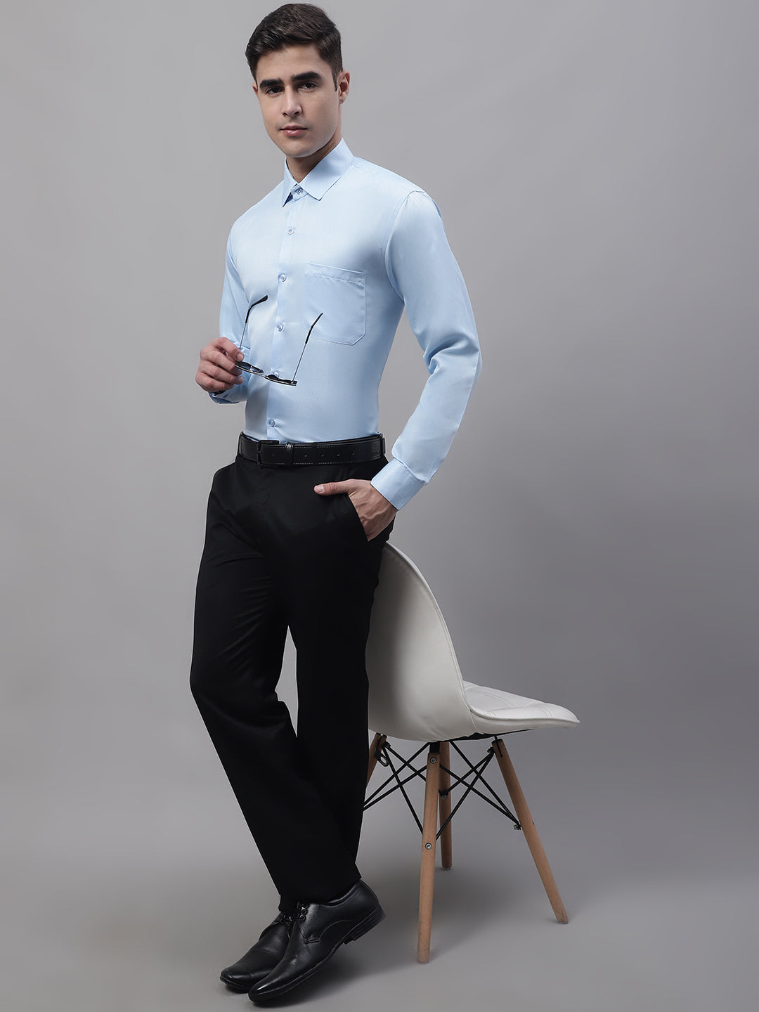 Men's Light-Blue Dobby Textured Formal Shirt - Taantav