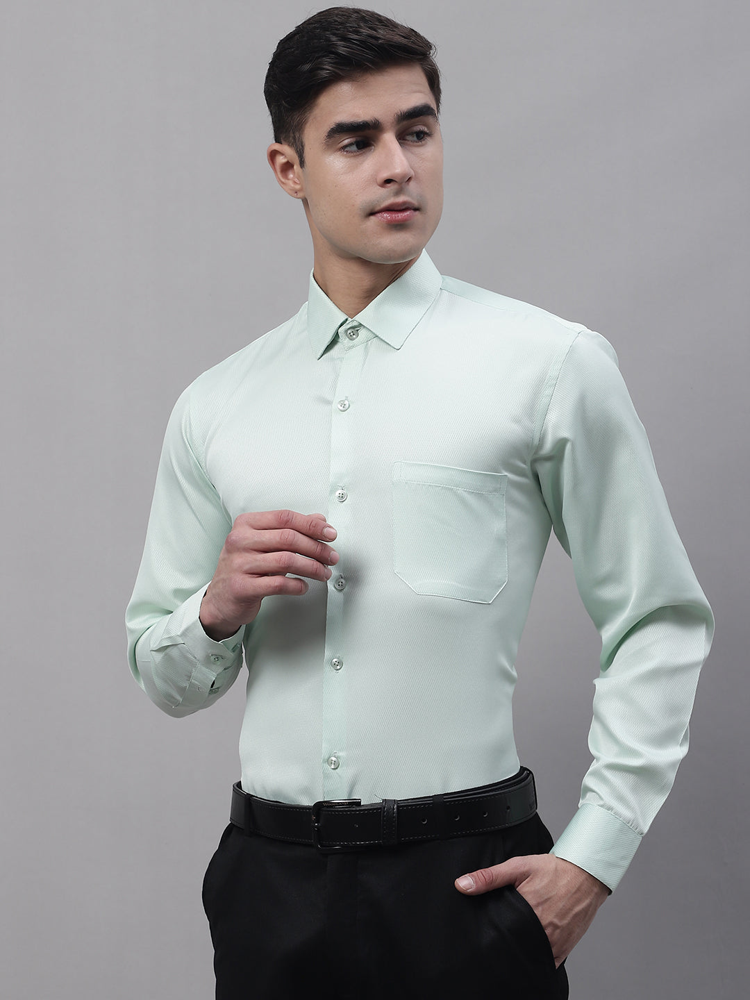 Men's Light-Green Dobby Textured Formal Shirt - Taantav