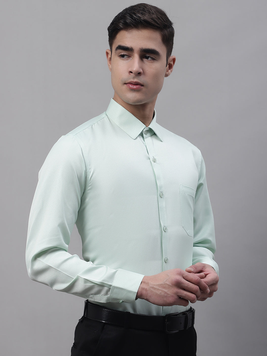 Men's Light-Green Dobby Textured Formal Shirt - Taantav