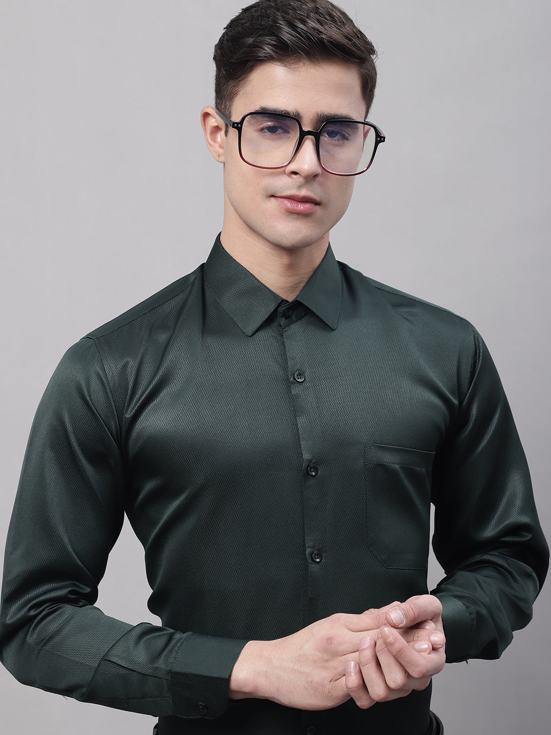 Men's Olive Green Dobby Textured Formal Shirt - Taantav